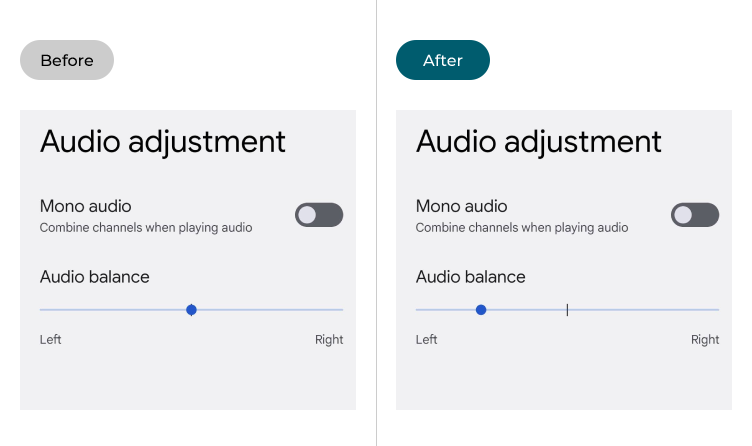The Audio balance slider before and after adjustment